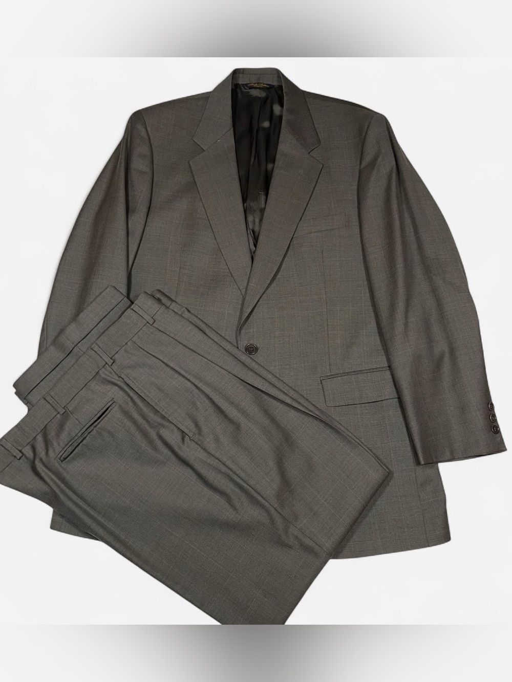 Brooks Brothers 1818 Wool Khaki Grey Windowpane Suit Size 43L W37 L32 Pleat Cuff